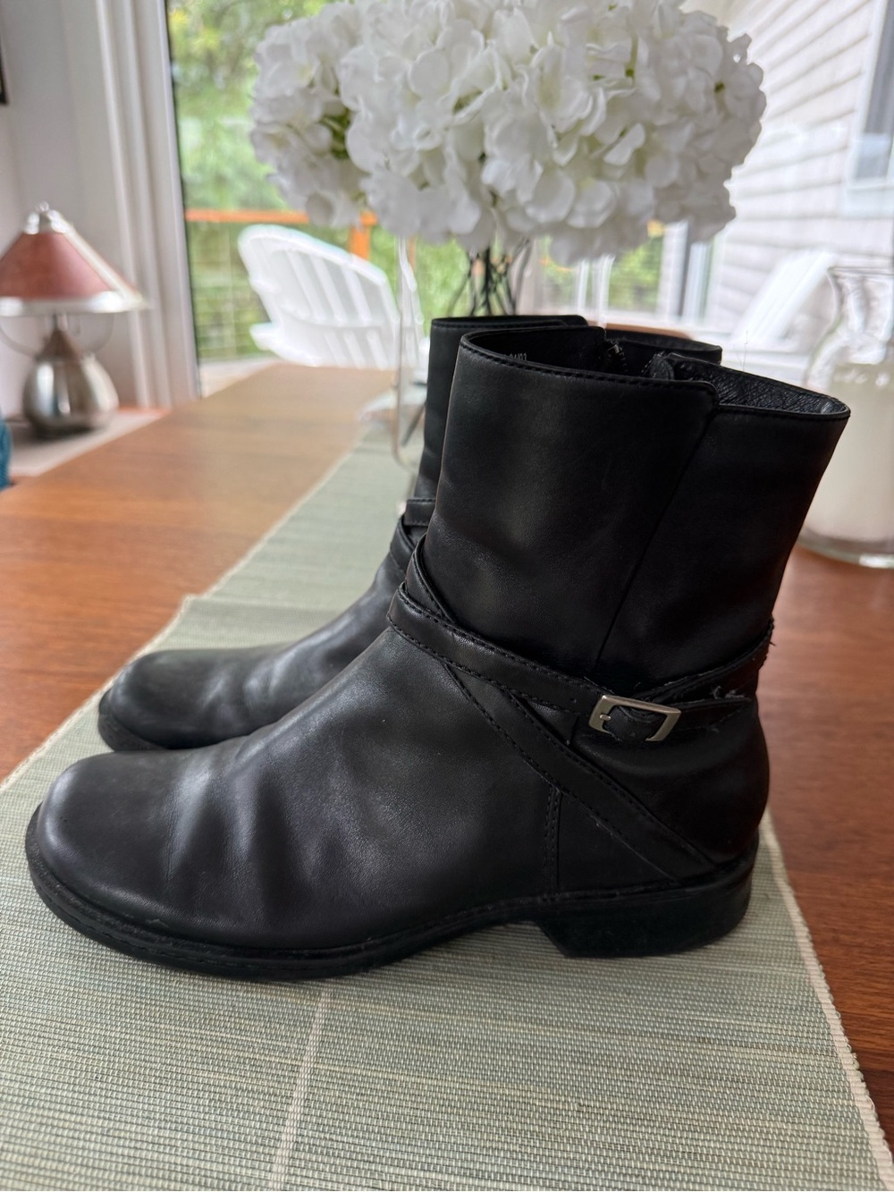 Clarks Black Leather Ankle Boots Buckle Strap Side Zip | Size 7M